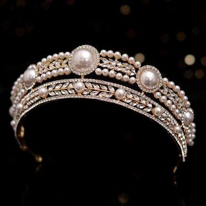 KMVEXO Luxe Goud Kleur Crystal Parels Bridal Tiaras Crown Pageant Diadeem Hoofdbanden Bruiloft Haar AccessPies 211214