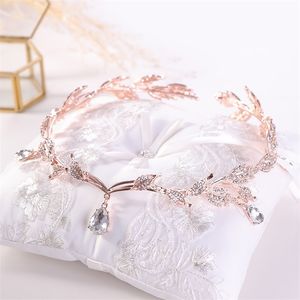 KMVEXO or Rose cristal couronne mariée cheveux accessoire mariage larme feuille diadème bandeau frontlet mariée bijoux 220217