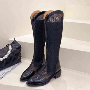 HBP Knee Boots Women Designer High Tube Knight Boots Ademend Holle Mesh Pointed High Heel Summer Sandals Motorcycle Boots 220401