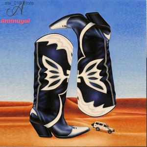 Knie Cowgirl Aminugal Cowboy High Long Butterfly geborduurd Black White Fairy Chunky Heel Western Boots 2023 Gloednieuw 1C50