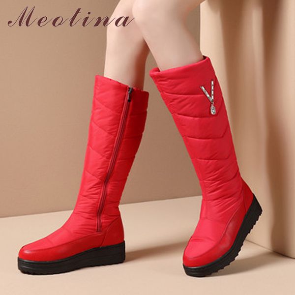 Botas hasta la rodilla Mujer Plataforma plana Nieve Punta redonda Cremallera larga Cristal Mujer Zapatos Invierno Cálido Vino Rojo 44 210517