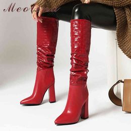 Genou bottes hautes femmes chaussures plissées talon extrême long bout pointu bloc talons mode dame hiver rouge 210517 GAI GAI GAI