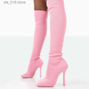 Knie hoog gebreide hoofd vierkante roze teen elastische stiletto hiel slip op laarzen dames winter schoenen feestjurk sexy beknopte t230829 315