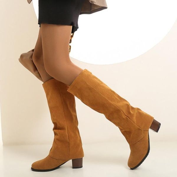 Bottes hautes en daim pour femmes, talons épais, bout pointu, Sexy, longues, à la mode, taille peluche, chaussures d'hiver pour dames