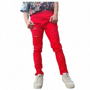 Pantalones vaqueros de mezclilla con agujero en la rodilla para hombres, pantalones ajustados de diseño ajustado para hombre, pantalones Fi Hip Hop, pantalones rasgados de motorista, color rojo informal 85ah #