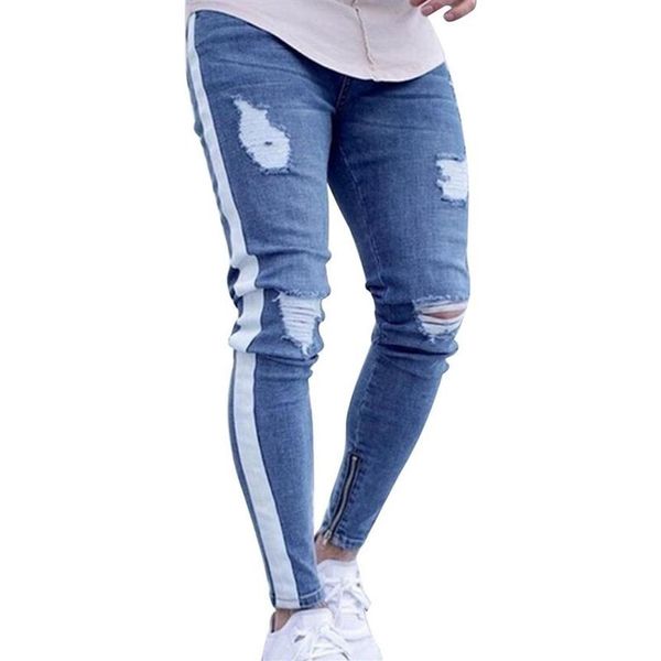 Agujero en la rodilla Lados Cremallera Slim Jeans desgastados Hombres Rasgados rasgados Jeans para hombres pantalones de rayas 236S