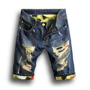 Knie Jeans korte jeans rechte gaten strakke jean Nachtblauw Katoen zomer Heren Alledaags casual Gescheurde broek Vrije tijd Maat A
