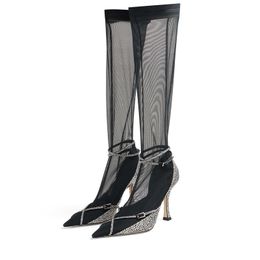 Knee Ladie 2022 Femmes exy Boot High Heel FaHion Bottise Dre Hoe Pillage Toe Piond Toe Mariage Party Buckle Diamond Stretch Satin Net Ummer 5 IE