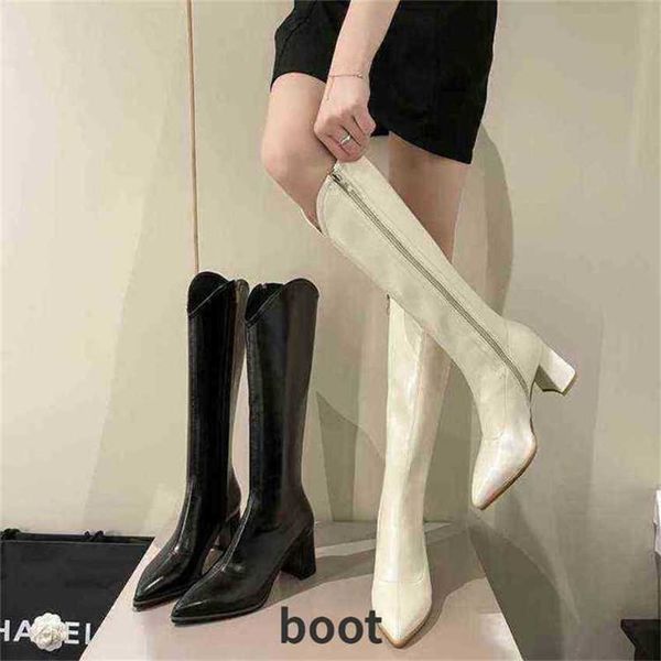 Bottes au genou femmes talons hauts automne et hiver pointu bouche en V chevalier talon épais fermeture éclair latérale 220726