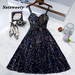 Knielengte Cocktail Jurken 2022 Navy Blue Spaghetti Riemen Formele Partij Prom Jurken Sexy Lovertjes Sweetheart Hals Vestidos de