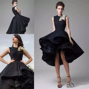 Longueur genou Hi-Lo robes de cocktail noires courtes mancherons sur mesure fleurs faites à la main robes de soirée arabe robe de soirée de bal 172R