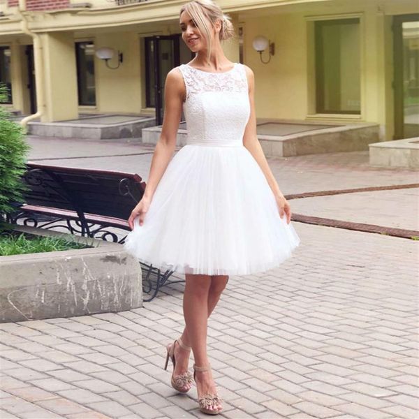 Longueur Au Genou Court Tutu Robes De Mariée Simple Conception 2019 Dentelle Top Tulle Jupe Une Ligne Courte Robe De Mariée robe de noiva Customize299c