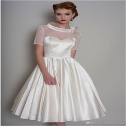 Longueur du genou Vintage Robes de mariée avec manches courtes couches haut de cou et dos des années 50