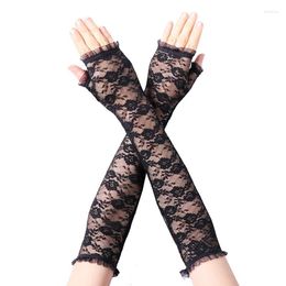 Rodilleras 1 par de mujeres guantes largos de tul puntos de encaje elástico malla de dedo completo blanco negro sin dedos estampado floral protector solar manopla de boda