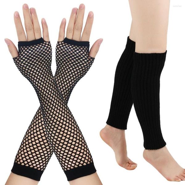 Genouillères 1 ensemble chauffe-jambes et couvre-bras couleur unie résille longs gants sans doigts tricotés chauffe-pieds en laine chaussettes sans pieds Halloween