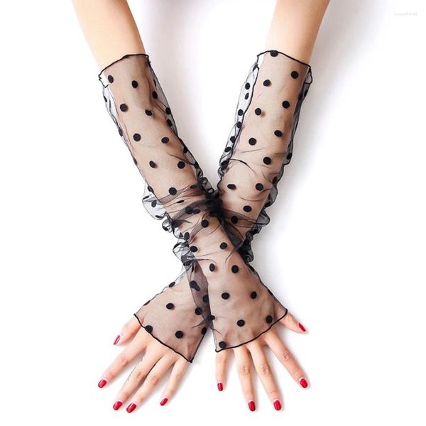 Rodilleras mangas de malla de encaje negro protección solar larga brazo fino guantes con patrón de estrella punteada para mujer accesorios de vestido de novia