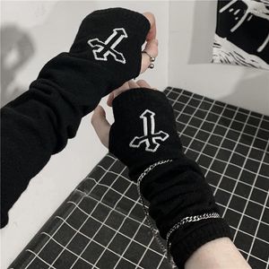 Knie -pads Gothic Harajuku Punk Style Black Cross Print Half Finger Long Glove Girl Lengte Sleeve Fingerless Gloves Fashion Streetwear