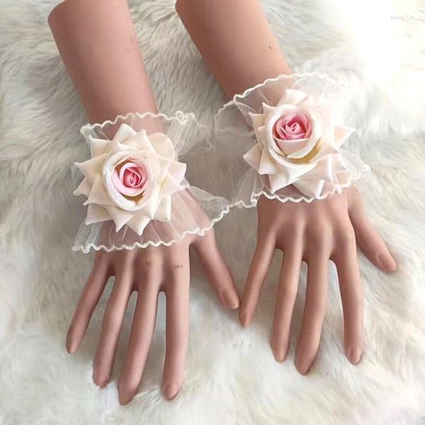 Rodilleras góticas con flores rosas, puños de encaje, mangas de mano a la moda, muñequeras elegantes y dulces para mujeres y niñas, accesorios de fiesta