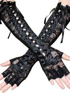 Knie pads kosahiki dames sexy ellebooglengte punk vingerloze arm warmer goth cosplay accessoires visnet gaas feest kanten handschoenen