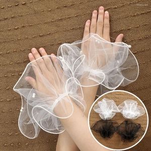 Rodilleras de encaje con puños falsos, mangas de mano, cuerno con volantes, manoplas cortas de malla para boda, accesorio Po desmontable, calentador de muñeca