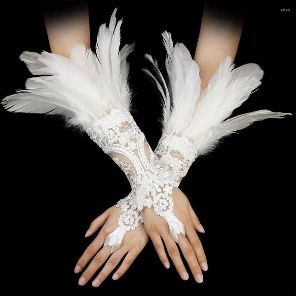 Padres de rodilla Lace Feather Guantes largos Manga gótica Manga Halloween Fiesta Bordado Mittins Blancos Accesorios de escenario femenino