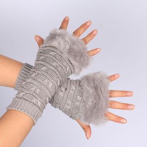 Rodilleras de invierno para mujer, guantes de pelo sintético, cálidos, sin dedos, Color sólido, manga de brazo de longitud media, tejido de lana elástica