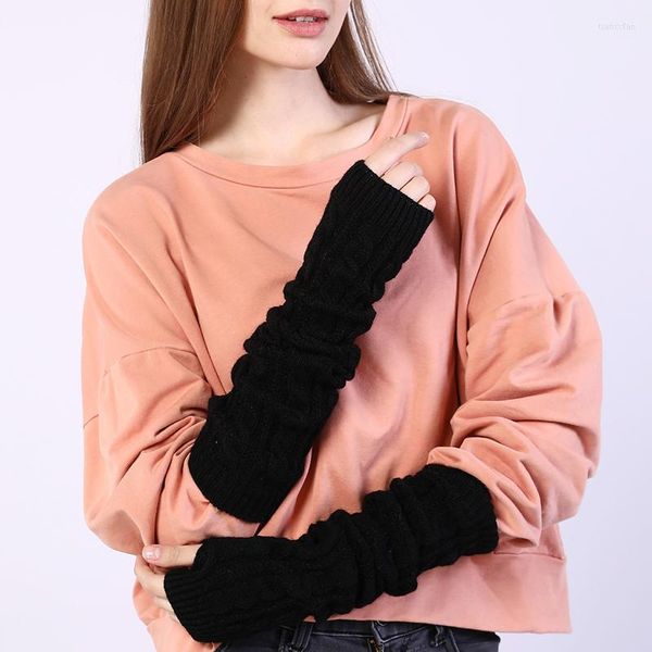 Genouillères Manches de bras pour femmes Hiver Couleur unie Figure 8 Twist Long Tricoté Gants sans doigts Japonais Goth Casual Doux Chaud Réchauffeurs