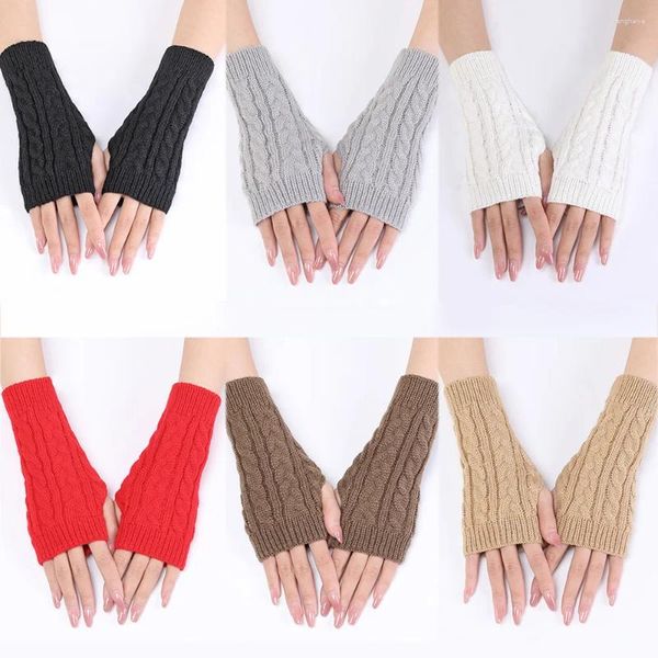 Genouillères femmes longs gants sans doigts couleur unie laine tricoté bras plus chaud manches doux chaud demi doigt élastique mitaines Guantes