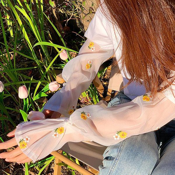 Rodilleras Mujeres Protector solar largo Guantes sin dedos Protección solar Mangas de brazo de encaje Bordado floral Seda de hielo Guante de conducción delgado Transpirable