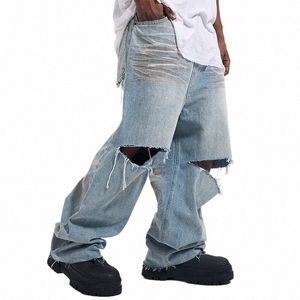 Jeans en denim déchiré au genou, gros trous, jambes larges, pantalon éléphant hip hop, streetwear pour hommes Y2k, pantalon baggy vintage F0Di #