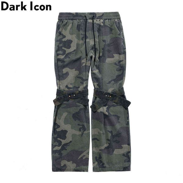 Rodilla con banda Camuflaje Pantalones acampanados Hombres Cintura elástica Camo Pantalones para hombres 2 colores 210603