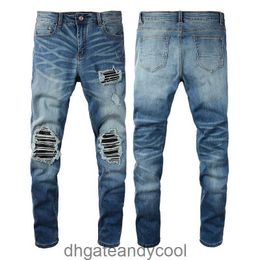 Couteau Denim High Amirres Big Jeans Street Designer Pantalons coupés Trous d'homme et peau fendue MX1 bleu clair fait vieux slp slim skinny jeans pour hommes mode 2F1E