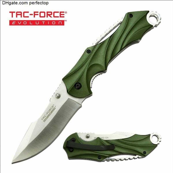 Cuchillo táctico de bolsillo Tac-Force Evolution Harpoon Blade, cuchillo de caza, mangos de aluminio verde militar, herramienta de Cuchillos plegables de supervivencia para acampar al aire libre EDC
