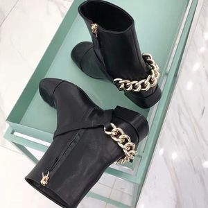 Knight Mid Chunky Black Fashion Heel Designer Shoes Women's Square Toe Metal Chain French Short Boots 253