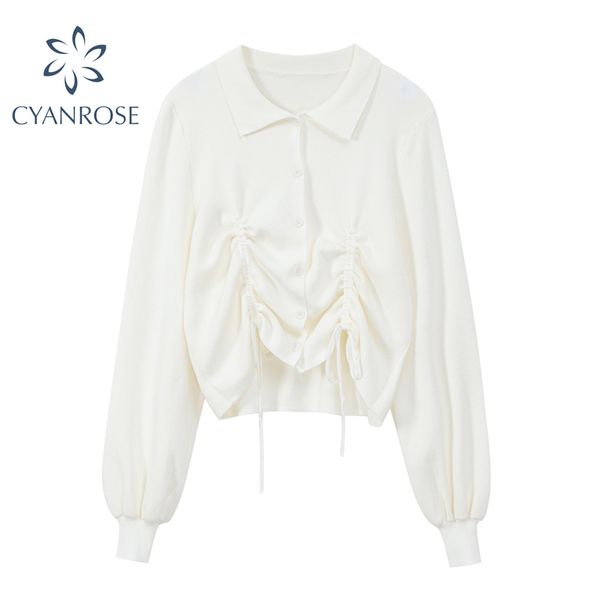 Chemisier en tricot revers Cardigan à lacets Crop tricots chemise hauts dames élégant coréen Vintage Polo col à manches longues blanc Blusas 210417