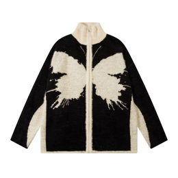 Cárdigan de punto suéter Y2k Harajuku mariposa Colorblocked Zip Up cuello alto prendas de punto de gran tamaño