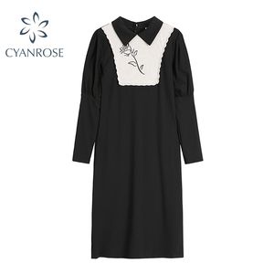 Gebreide jurk floral print splitsen dames slanke zwarte jurks revers elegante lange mouw party club vintage Koreaanse skinny ol vestidos 210515