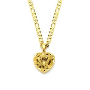 Pendentif coeur en tricot, or jaune massif 14 carats, chaîne à maillons Figaro italien GF, collier 24 3 mm pour femmes243y