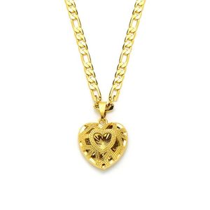 Pendentif coeur en tricot, or jaune massif 14 carats, chaîne à maillons Figaro italien GF, collier 24 3 mm pour femmes296W