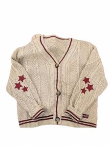 Cardigan d'hiver en tricot imprimé Chic Vintage Star Preppy Lg manches automne col en V esthétique rétro pulls à simple boutonnage O1Az #