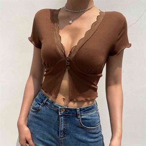 Brei geribbelde Y2K Crop Top Kant Patched Korte Mouw Dames T-shirt voor Meisjes Zomer Button Up V-hals Kawaii Party Tee Shirt 210510