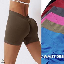 Knit Seamless V Back Yoga Shorts féminins Fitness Elastic Scrunch Push Up Sports Running Workout High Taies 240408