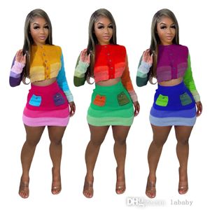 Gebreide Rok Set 2023 Herfst Patchwork Kleur Tweedelige Jurk Vrouwen Kleding Knop Crop Vest En Hoge Taille Mini Rokken Pak outfits