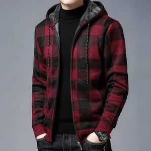 Pull en tricot à carreaux pour hommes, pull à fermeture éclair, Cardigan à capuche, épais, rouge, hauts d'hiver, décontracté, A 240130