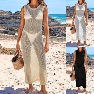 Tricot de maillot de bain Cover Up Femmes Summer Long Beach Robe Sexy Crew Coule Backlessles sans manches Smock Slit Fishnet Hollow Out Wear