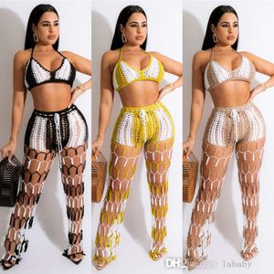 Gebreide 2 -delige set vrouwen sexy holle out perspectief strand slijtage tracksuits 2024 Nieuwe halter mouwloze bh -vest en chique broek bijpassende sets voor vrouwelijke outfits