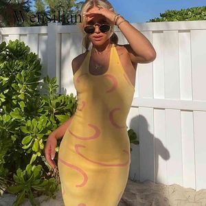 Tricoté Robe Moulante Femmes Y2K Halter Cou D'été Jaune Sans Manches Midi Robe Dos Nu Parti Sexy Plage Casul Chandail Robe D'été X0521