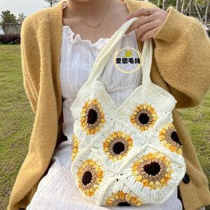 Sac à bandoulière en tournesol tressé tricoté pour femme, sac à main tissé d'été, ligne de matériau faite à la main, fourre-tout pour femmes