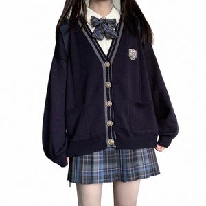 Cardigan de punto estilo universitario japonés JK uniforme azul LG manga suéter bordado estudiante coreano suelto escuela niñas uniforme e2bm #