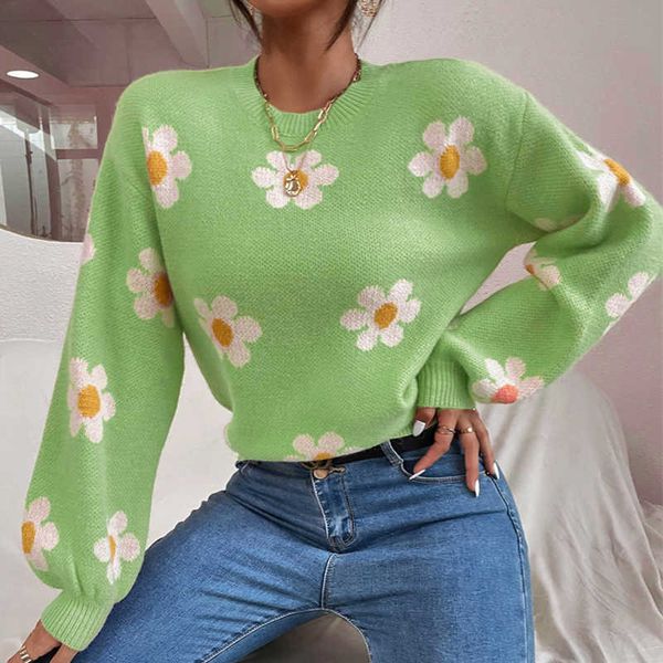 Cárdigan de punto con manga acampanada y estampado de flores rosas, novedad de 2023, jersey Retro de cuello redondo, jersey informal cálido para mujer